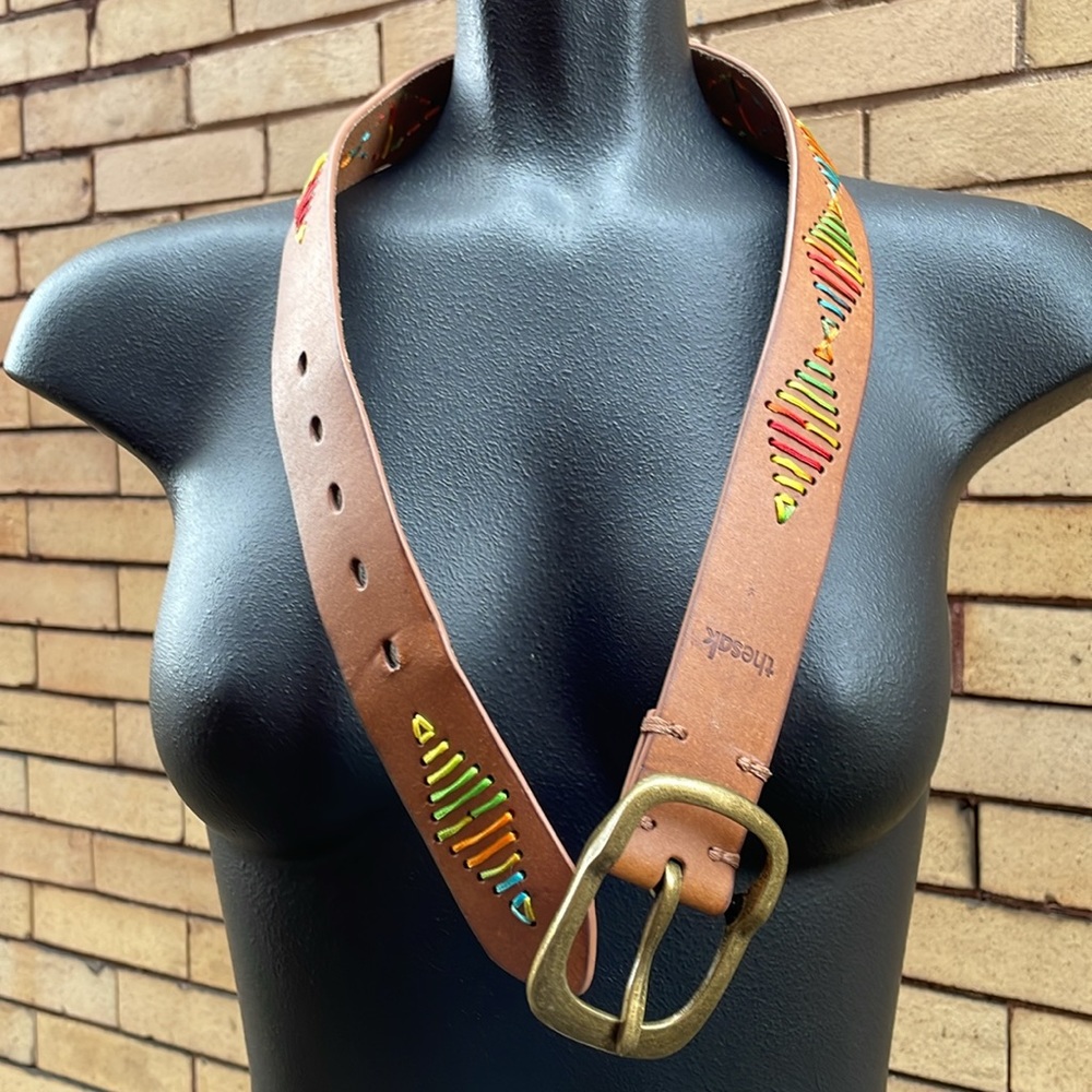 The Sak Brown Leather Rainbow Embroidered Diamond Brass Buckle Belt Size Small